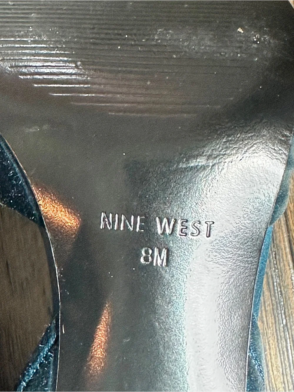 Nine West Teal Satin Peep-Toe Heels with Gem Accent, Size 8